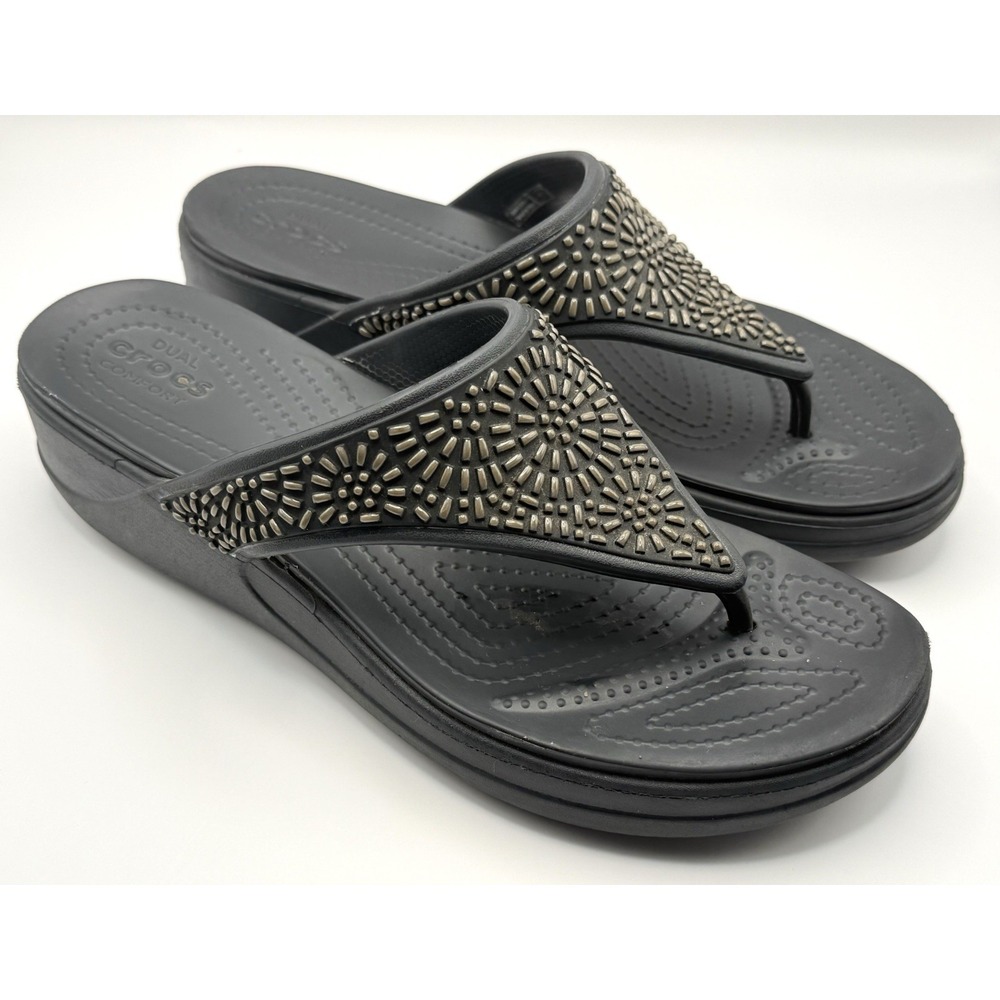 Crocs Monterey Diamante Wedge Flip Flop Sandals Sz 11 Black Comfort Embellished